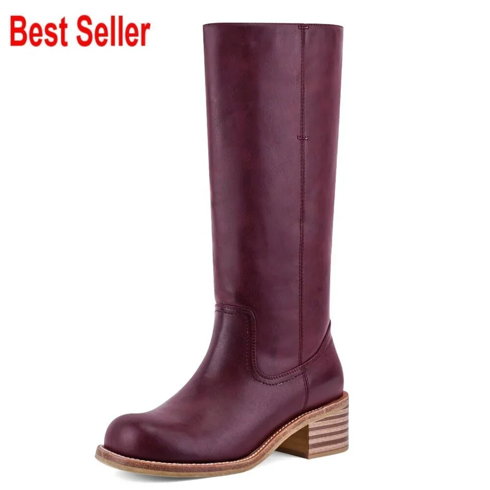 Faux Leather Knee High Boots Square Toe Block Heel Slip On